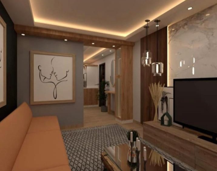 Living room cove lighting paired with an accent wall panel
